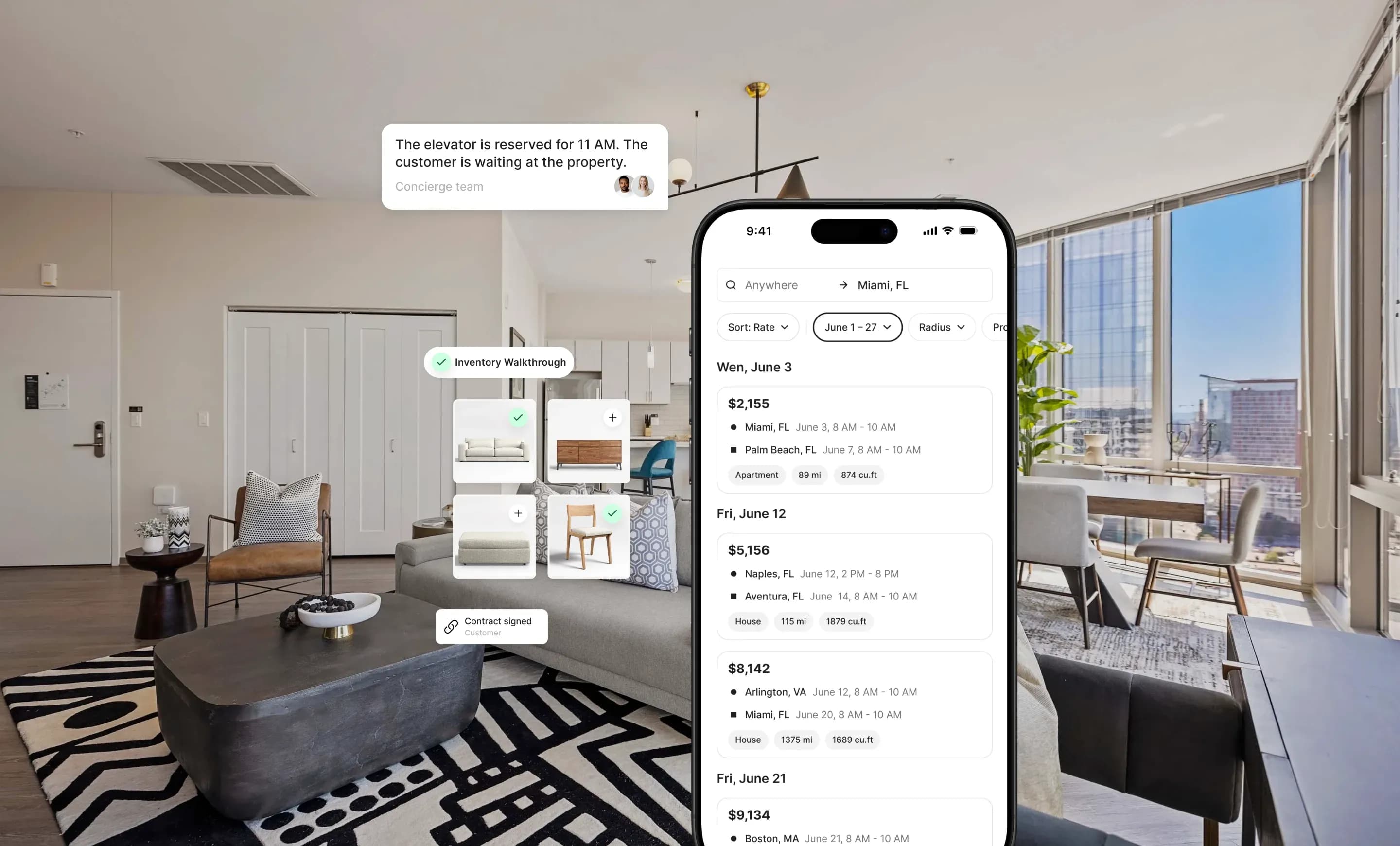 Professional moving crew managing a booked move through the Marco platform.