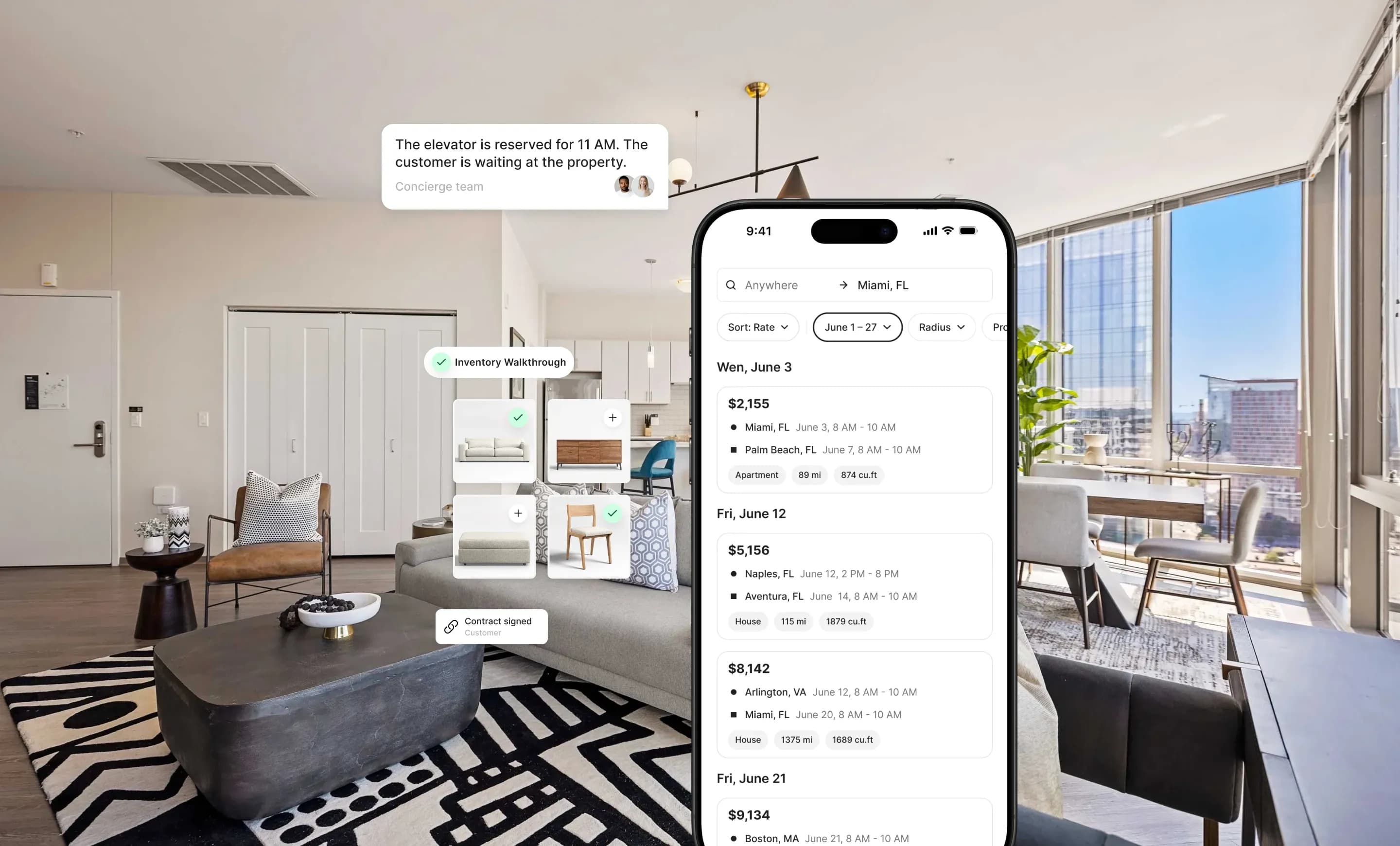 Professional moving crew managing a booked move through the Marco platform.