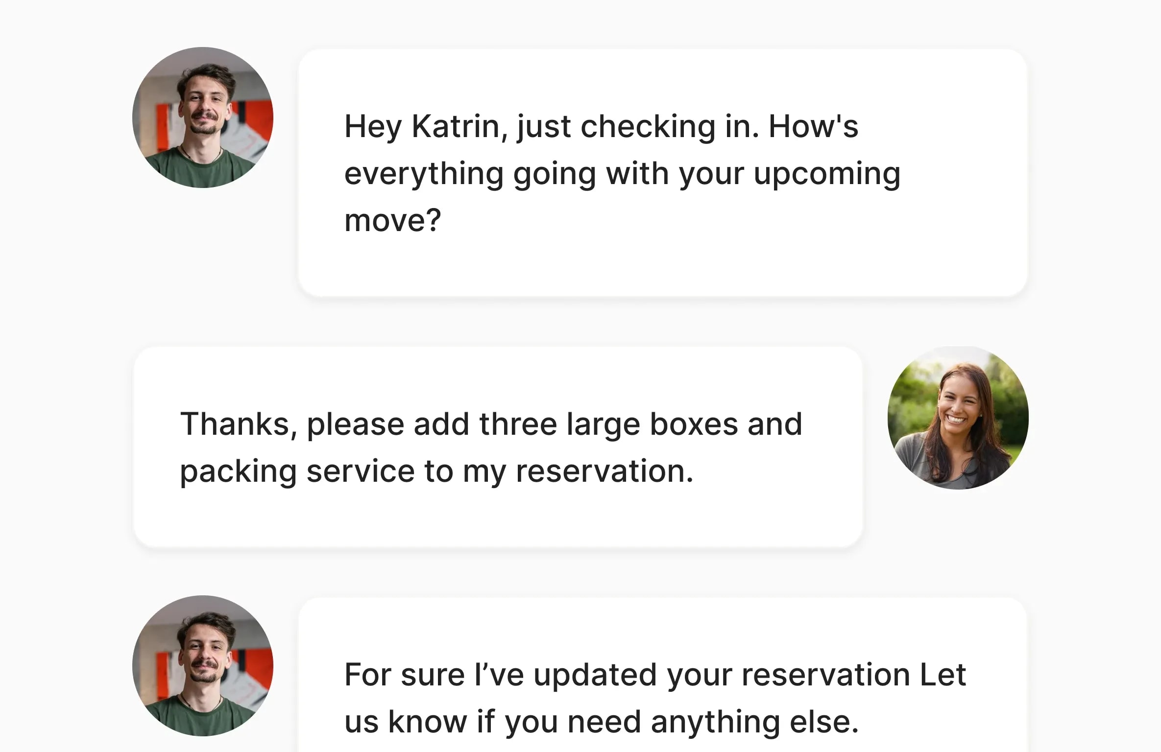 A chat interface demonstrating Marco Relocation Services' customer support, with a conversation about an upcoming move, a request for three large boxes and packing service, and a confirmation of the updated reservation.