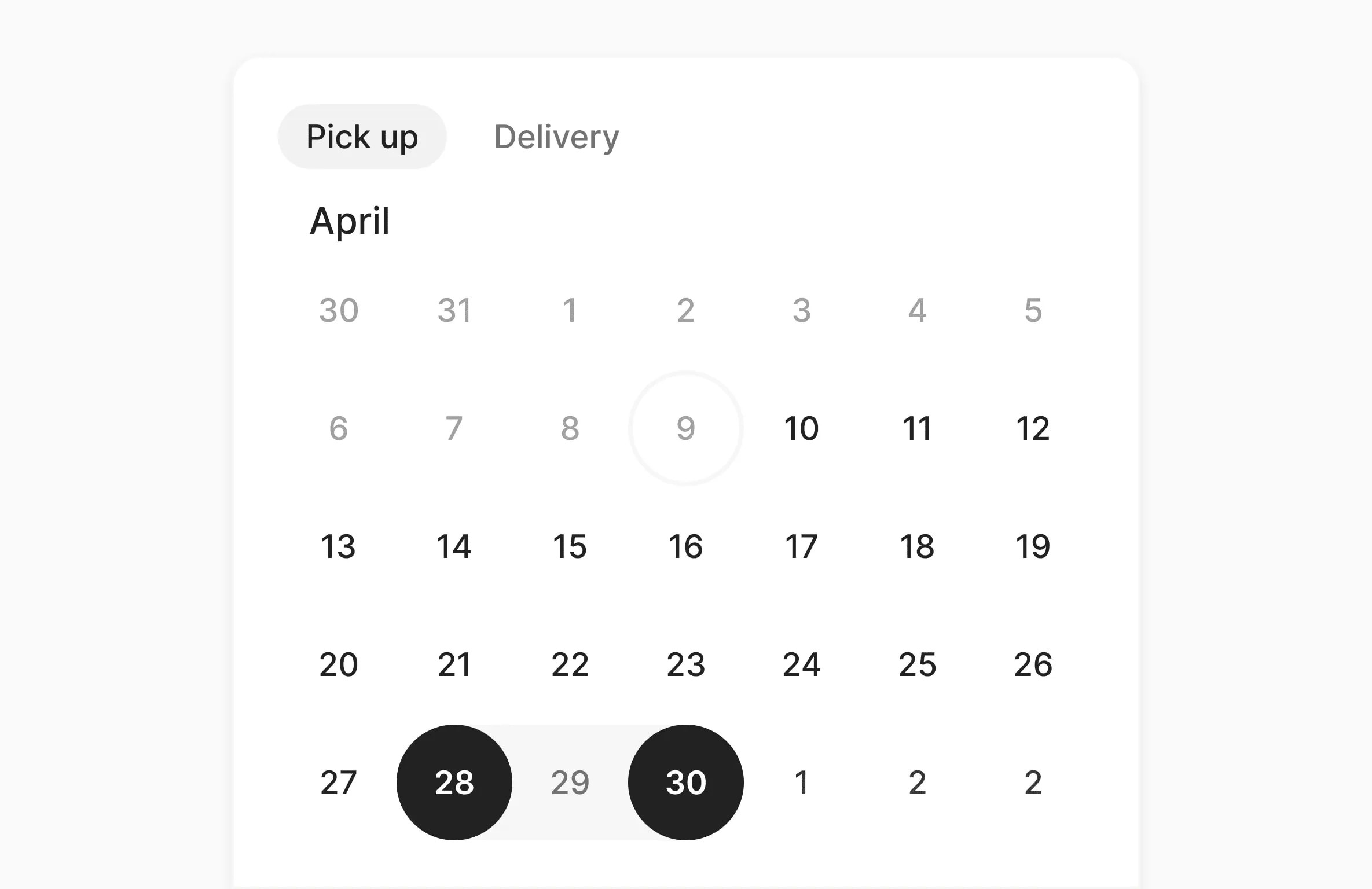 A calendar interface for Marco Relocation Services, displaying April dates from 30 to 2, with highlighted availability on the 9th and 28th-30th, and options for scheduling pick-up or delivery.
