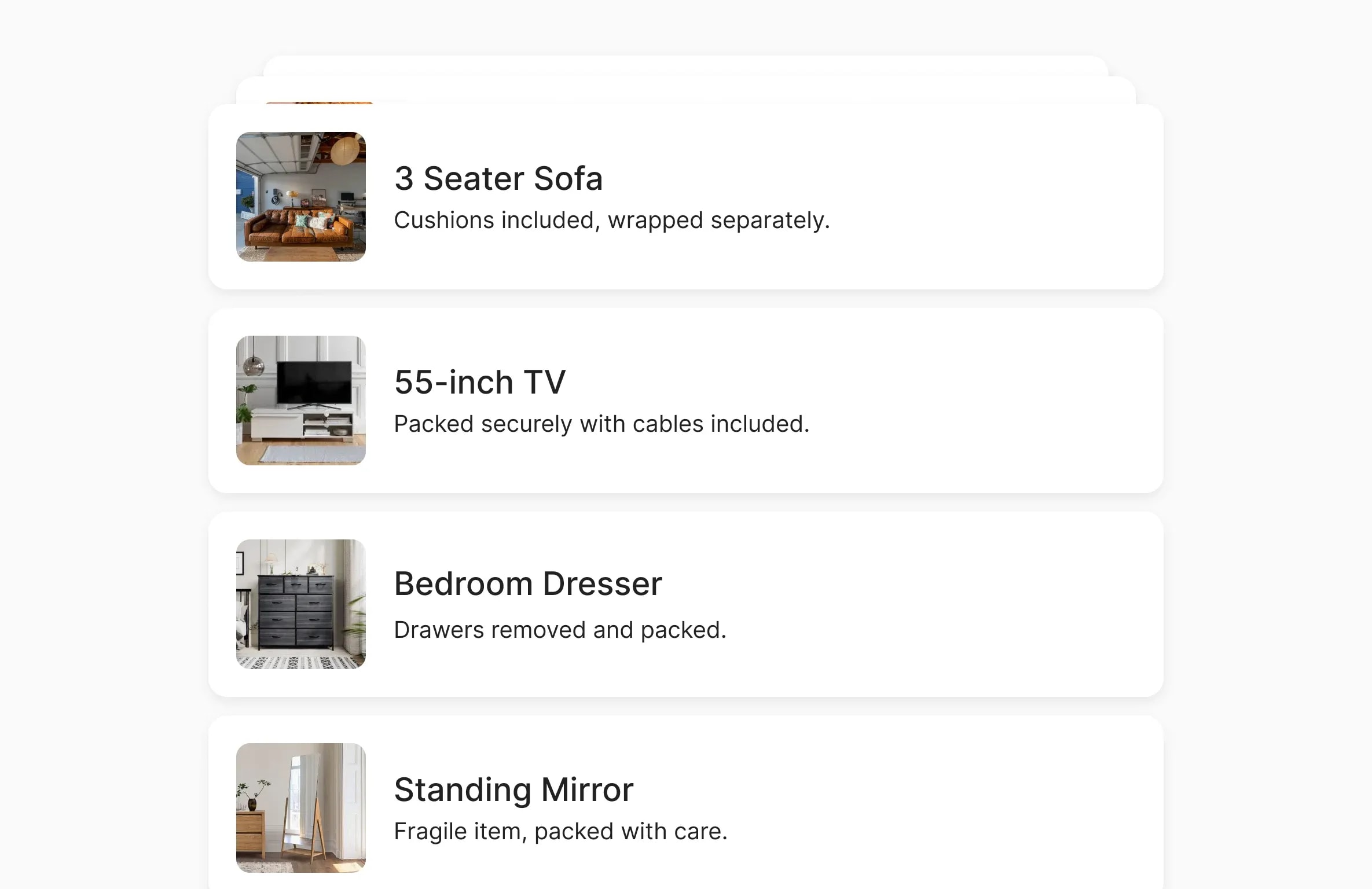 A detailed list showcasing Marco Relocation Services' handling of items, including a 3-seater sofa with cushions wrapped separately, a 55-inch TV packed securely with cables included, a bedroom dresser with drawers removed and packed, and a standing mirror marked as fragile and packed with care.