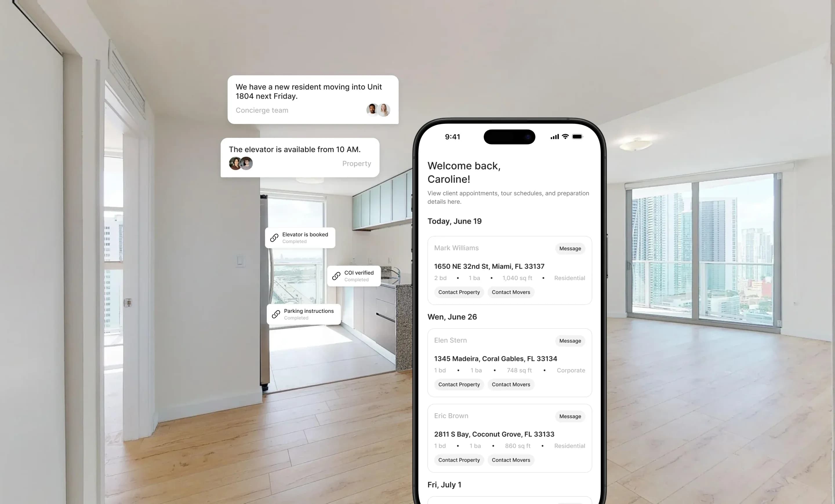 Real estate agent helping a client coordinate a move with Marco after a home tour.