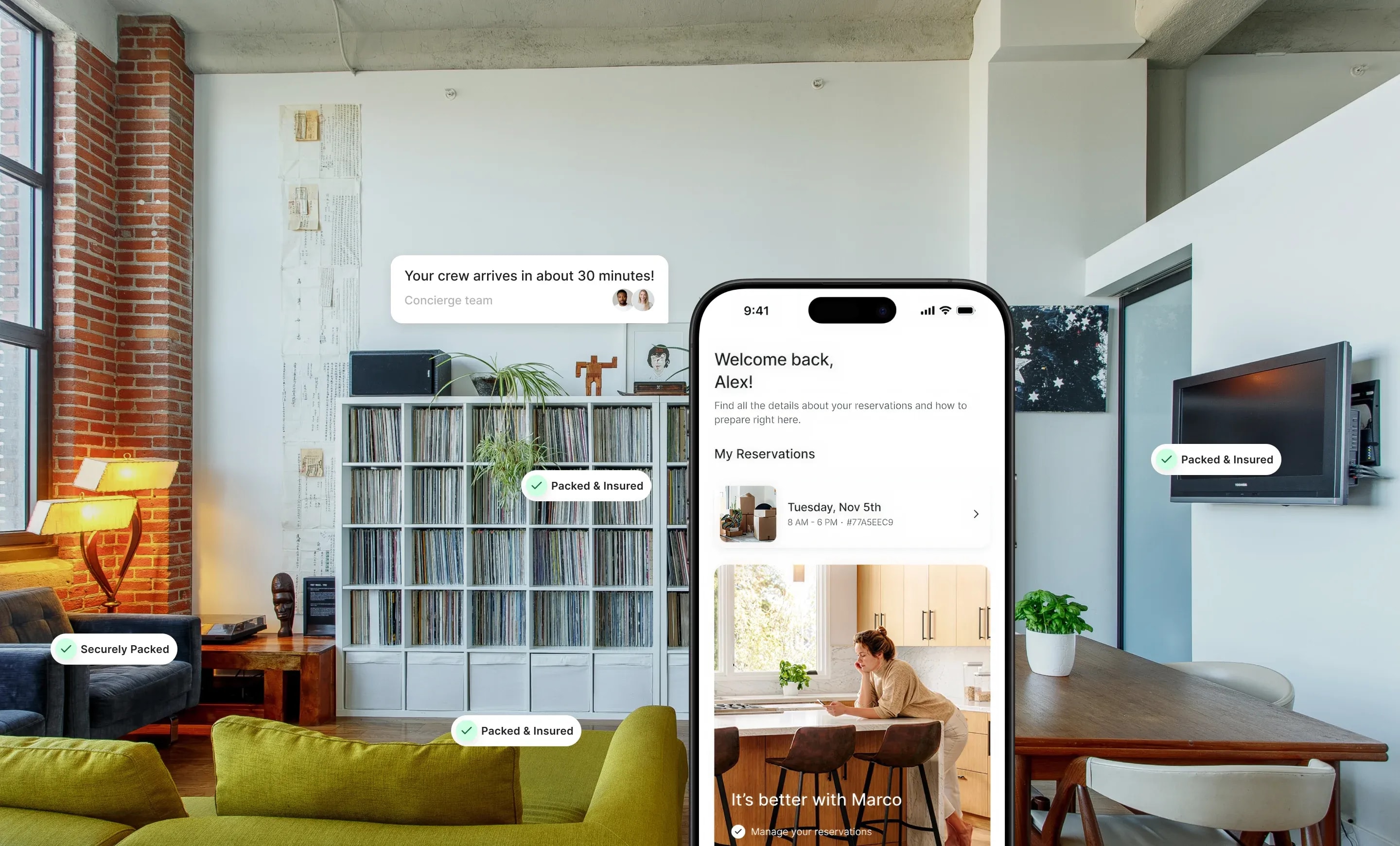 Marco app showing moving and home service options available near the customer.